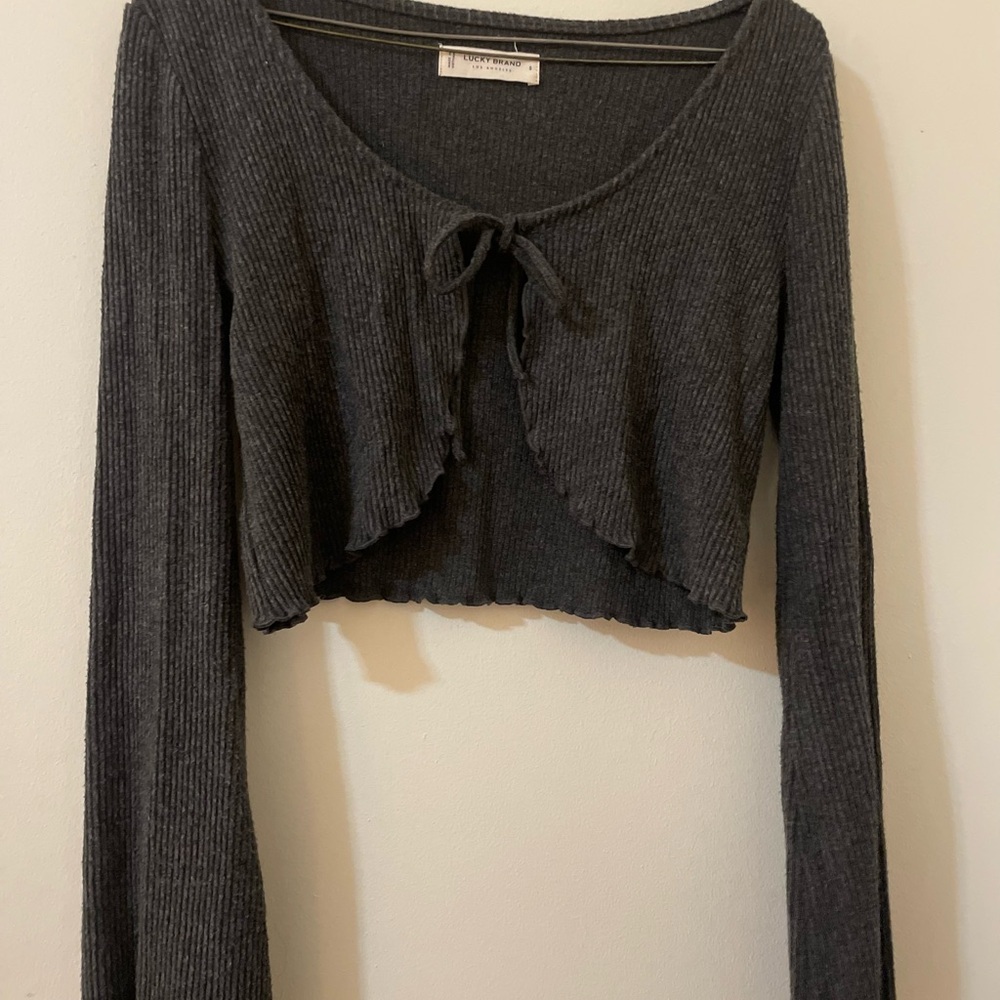 Y2K Lucky Brand Gray Ribbed Knit Tie-Front Top sweater